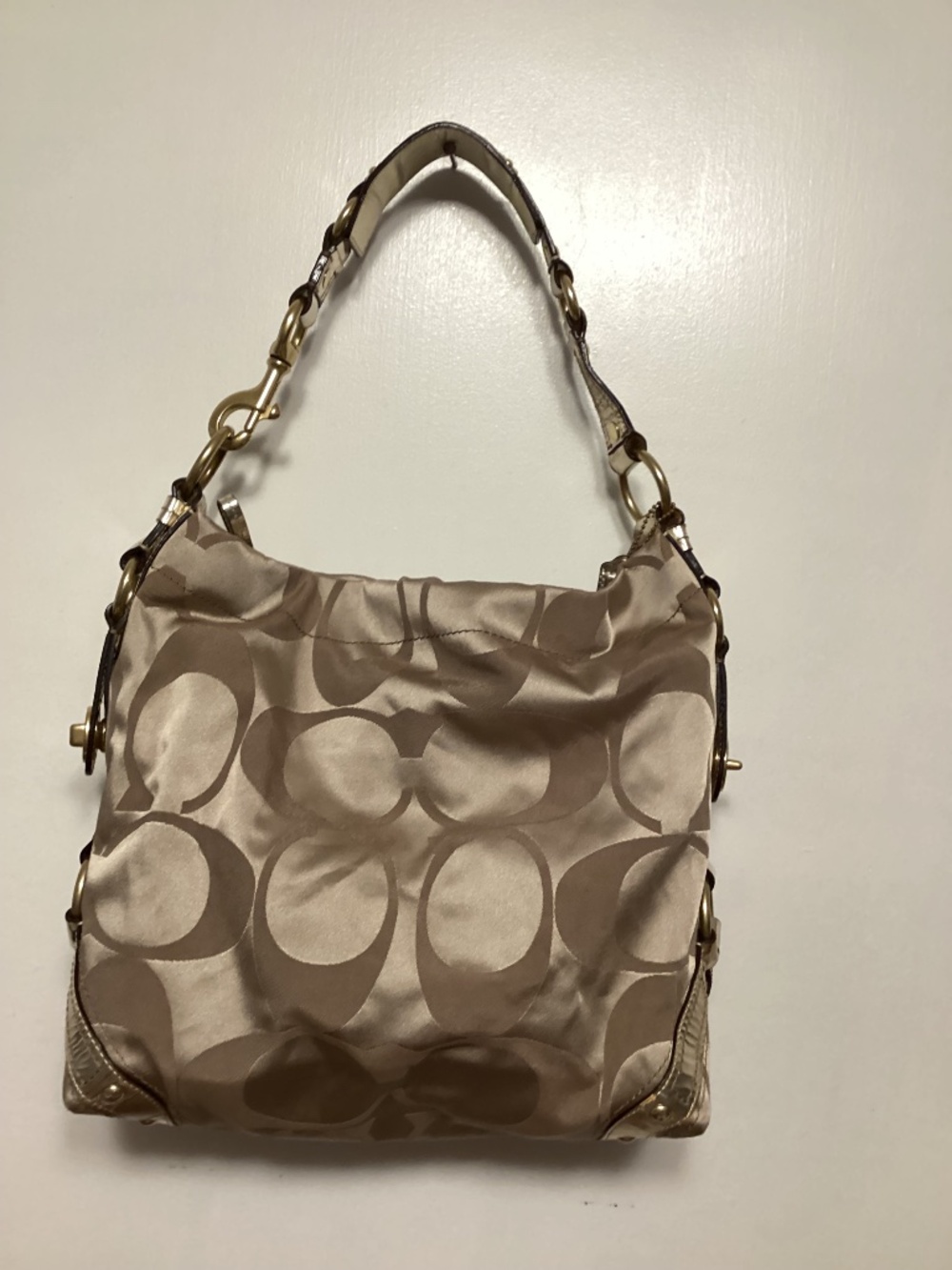 Coach vintage fabric and gold leather with turn lock accent bag with turn lock